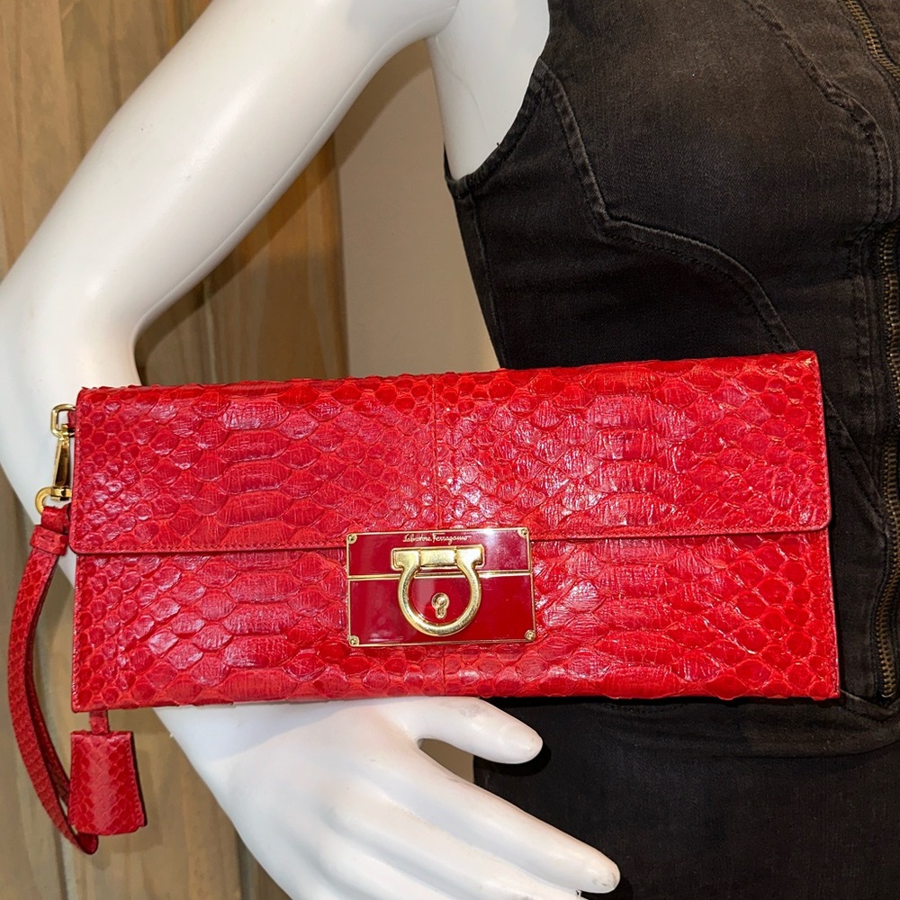 Salvatore Ferragamo Red Python Wristlet Clutch with Gold Hardware